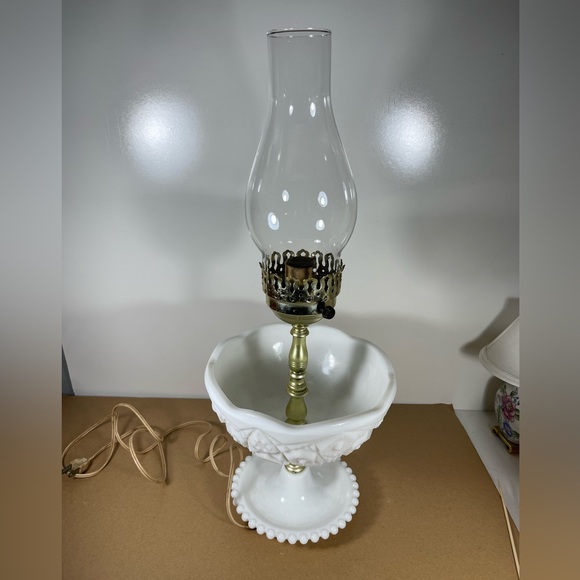 Vtg McKee Toltec Candy Bowl Milk Glass Table Lamp